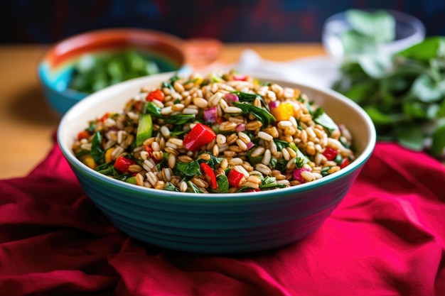 Een kleurrijke farro-salade in een witte kom op een opvallende rode tafel