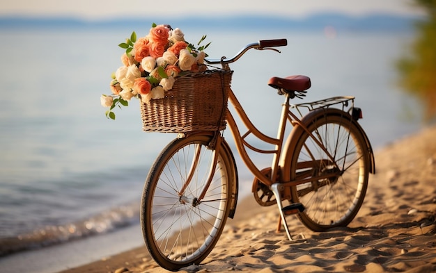 Een kleurrijke fiets met een mand vol levendige bloemen tegen een prachtige strandachtergrond AI