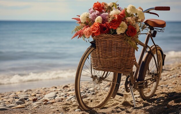 Een kleurrijke fiets met een mand vol levendige bloemen tegen een prachtige strandachtergrond AI