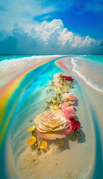 Een kleurrijke foto van een strand met bloemen erop