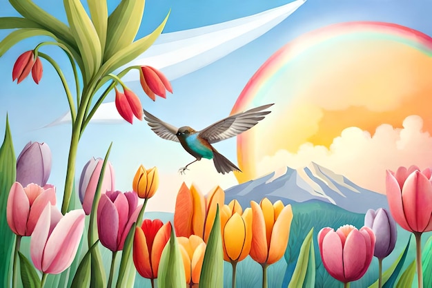 Een kleurrijke foto van een vogel die over tulpen en bergen vliegt.