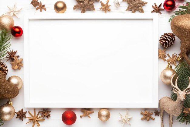 Een kleurrijke frame achtergrond van kleurrijke kerstversieringen en herten Witte frame achtergrond