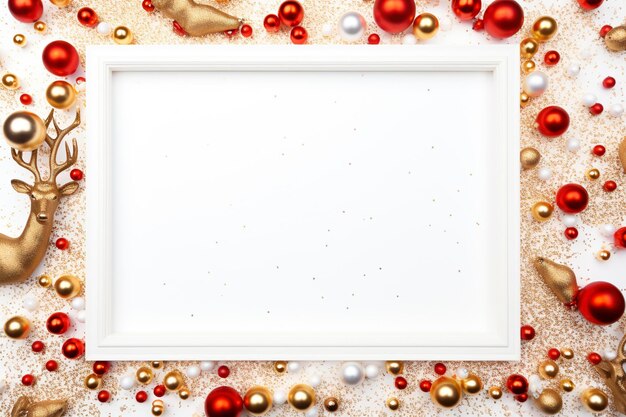 Een kleurrijke frame achtergrond van kleurrijke kerstversieringen en herten Witte frame achtergrond