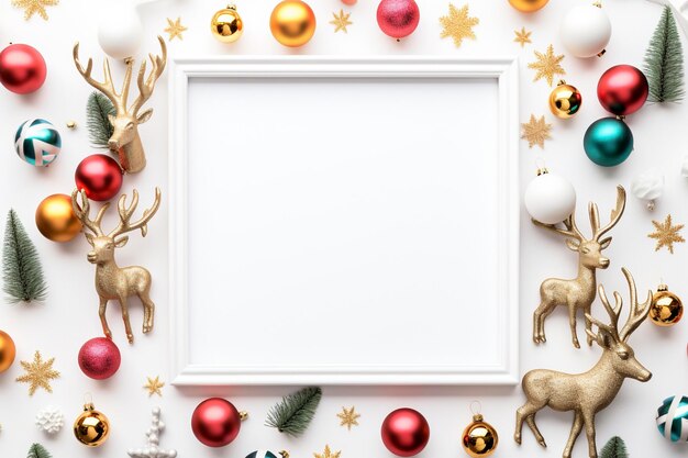 Een kleurrijke frame achtergrond van kleurrijke kerstversieringen en herten Witte frame achtergrond