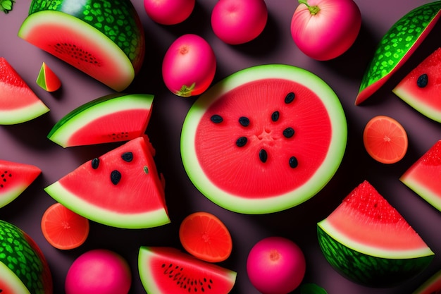 Een kleurrijke fruitachtergrond met watermeloenplakken en vruchten