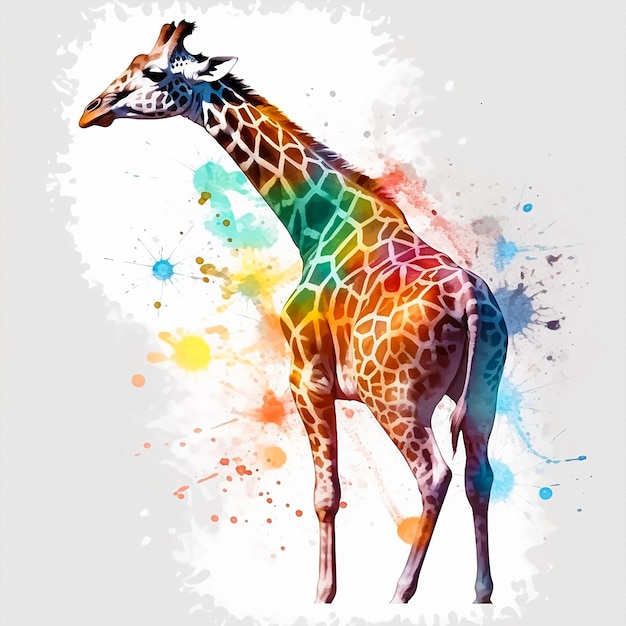 Een kleurrijke giraffe met een regenboogkleurige staart is geschilderd op een witte achtergrond.