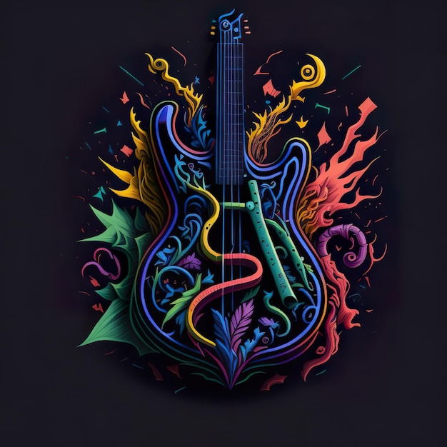 Een kleurrijke gitaar met een zwarte achtergrond en een zwarte achtergrond met een kleurrijk design.