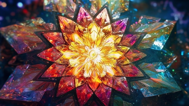 Een kleurrijke glazen bloem met een ruitvorm in het midden.