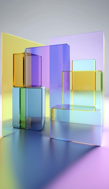 Een kleurrijke glazen kubussen zijn op elkaar gestapeld.