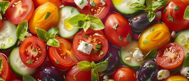 Een kleurrijke Griekse salade met tomaten komkommers uien olijven en feta kaas op een bord