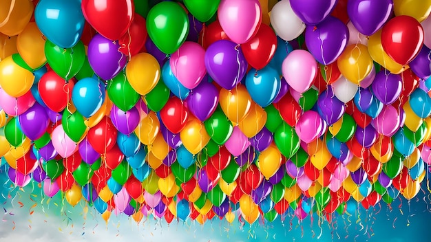 Foto een kleurrijke groep ballonnen die zeggen dat ballonnen aan een muur hangen