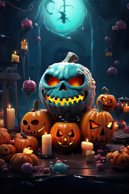 een kleurrijke halloween-themaachtergrond met halloween-objecten 3D-zombies en pompoen en schedels enge stijl