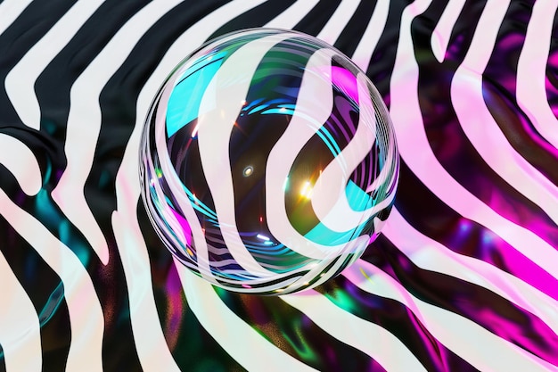 Een kleurrijke holografische bubbel die drijft op zwart-witte zebra strepen