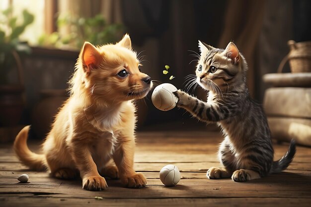 Foto een kleurrijke hond en kat spelen met voetbal gegenereerd door ai.