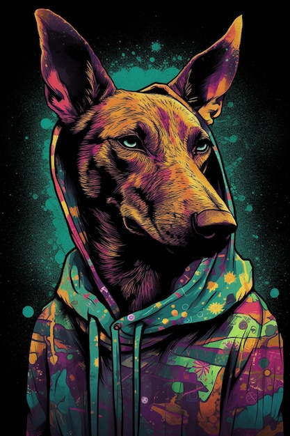 Een kleurrijke hond met een hoodie die zegt 'ik ben een hond'