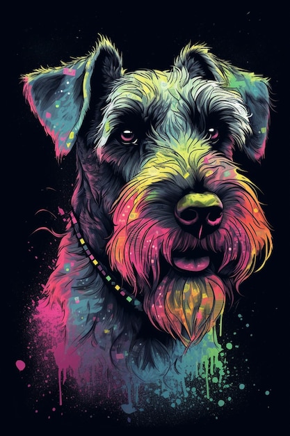 Een kleurrijke hond met een zwarte achtergrond en de woorden schnauzer op de voorkant.