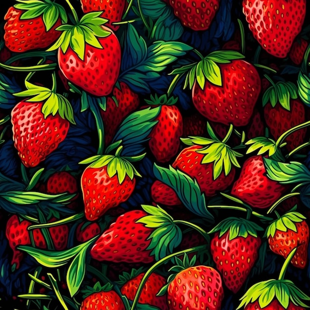 Een kleurrijke illustratie van aardbeien met groene bladeren bovenop.