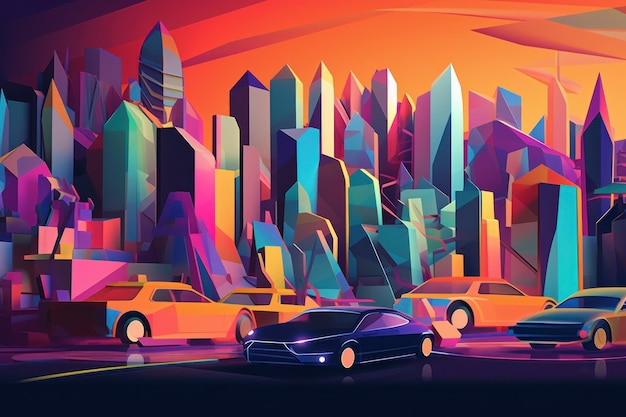 Een kleurrijke illustratie van auto's op een snelweg met een stad op de achtergrond.
