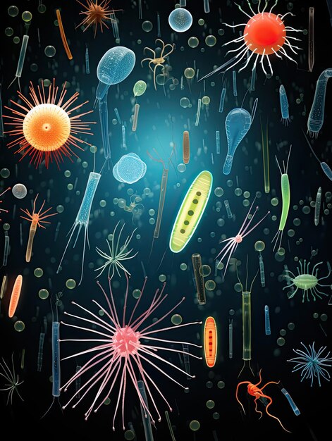 een kleurrijke illustratie van bacteriën en bacteriën.