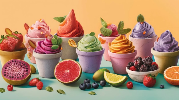 Een kleurrijke illustratie van bevroren yoghurt met verschillende smaken.