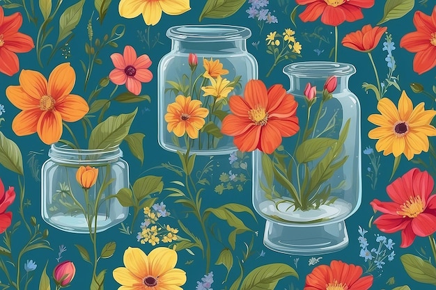 Een kleurrijke illustratie van bloemen in een glazen pot