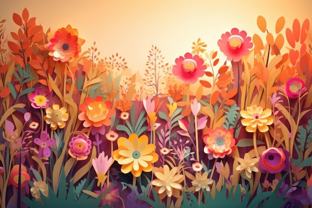 Een kleurrijke illustratie van bloemen in een tuin.