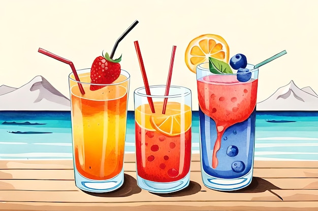 Een kleurrijke illustratie van drie cocktails op een strand.