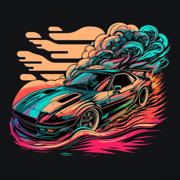 Een kleurrijke illustratie van een auto met rook die uit de voorkant komt.