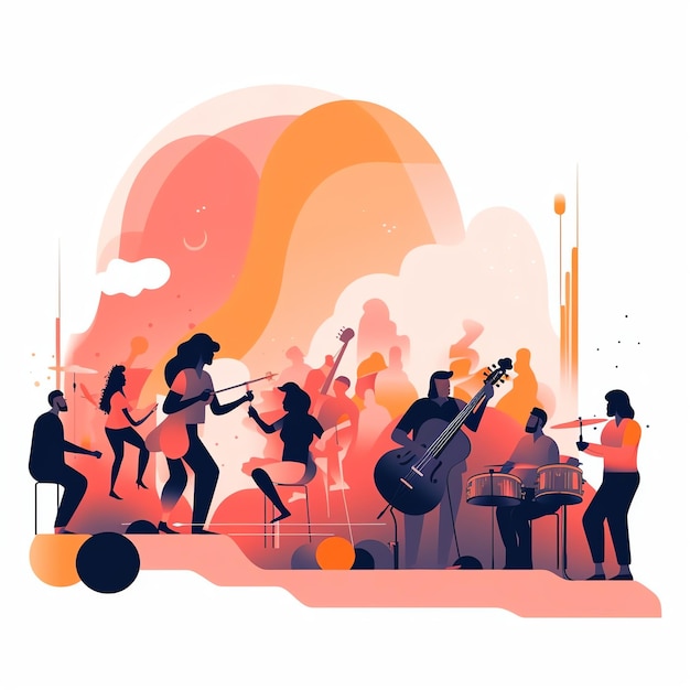 Een kleurrijke illustratie van een band die muziek speelt.