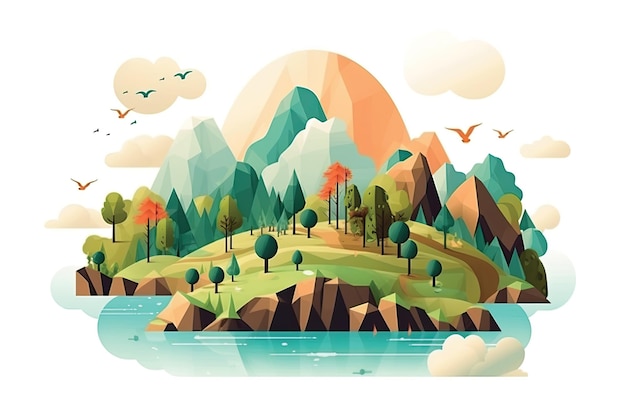 Een kleurrijke illustratie van een berglandschap met bomen en bergen op de achtergrond.