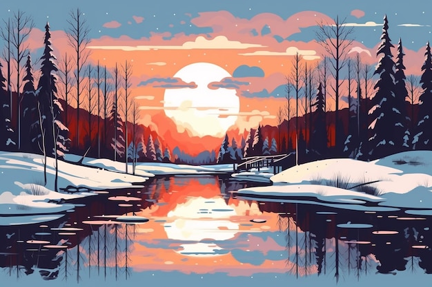 Een kleurrijke illustratie van een besneeuwd landschap met een meer en bomen op de voorgrond.