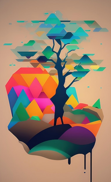 Een kleurrijke illustratie van een boom met een vogel erop.
