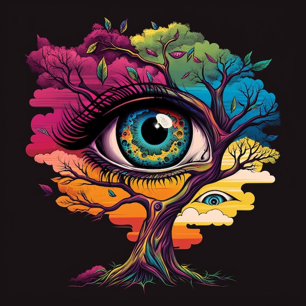 Een kleurrijke illustratie van een boom met het oog van een boom en de kleuren van de regenboog.
