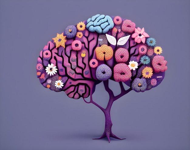 Een kleurrijke illustratie van een boom met kleurrijke gehaakte bloemen en bladeren.