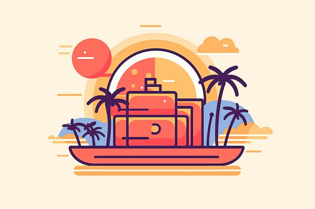 Een kleurrijke illustratie van een boot op een strand met palmbomen en een gebouw aan de voorkant.