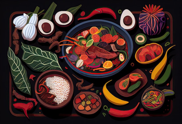 Een kleurrijke illustratie van een bord eten met een schaal eten erop.