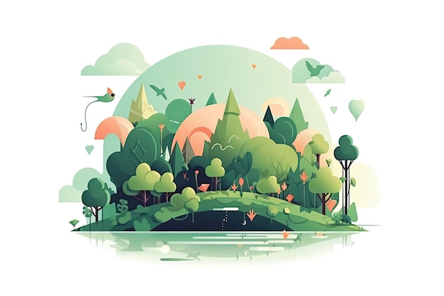 Foto een kleurrijke illustratie van een bos met een brug en bomen op de achtergrond.