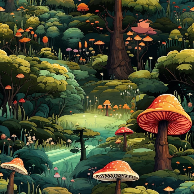 een kleurrijke illustratie van een bos met paddenstoelen en paddenstoel.