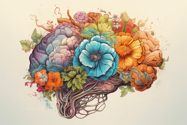 Een kleurrijke illustratie van een brein met bloemen erop.