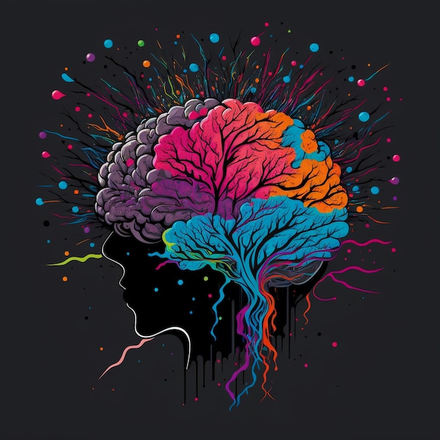 Foto een kleurrijke illustratie van een brein met de boom erin.