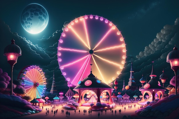 Een kleurrijke illustratie van een carnaval met een reuzenrad op de achtergrond.