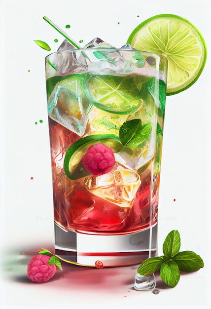 Een kleurrijke illustratie van een cocktail met frambozen en limoenen