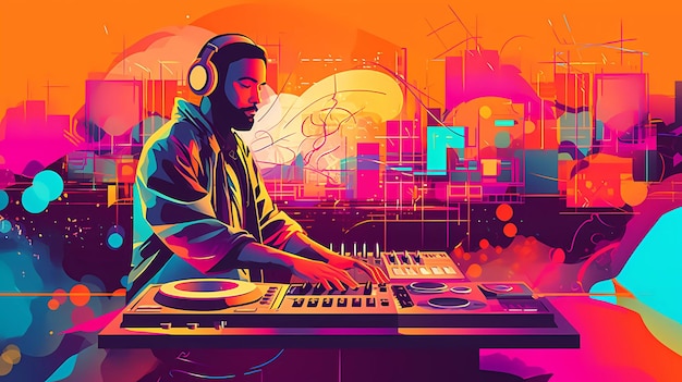 Een kleurrijke illustratie van een dj die muziek afspeelt.