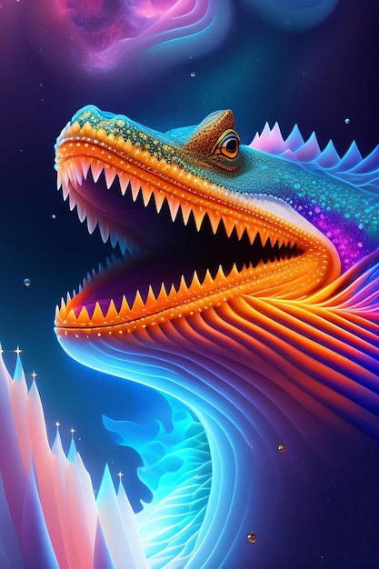 Een kleurrijke illustratie van een draak met een blauwe staart