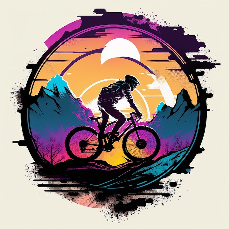 Foto een kleurrijke illustratie van een fietser die op een mountainbike rijdt.