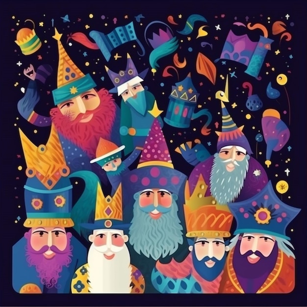 Een kleurrijke illustratie van een groep mannen met hoeden en een bord met de tekst "holi".