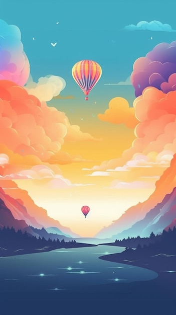 Een kleurrijke illustratie van een hete luchtballon die over een generatieve ai van een meer vliegt