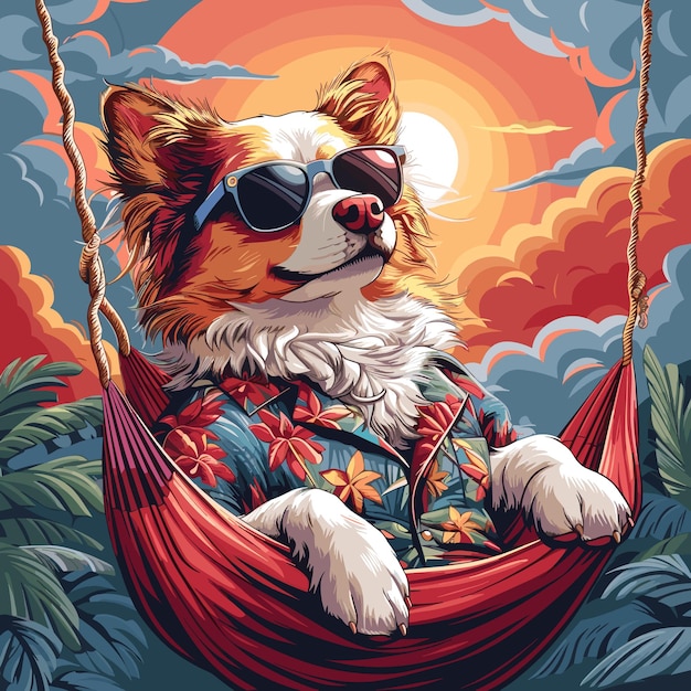 Een kleurrijke illustratie van een hond met een zonnebril en een Hawaiiaans shirt die in een hangmat ligt