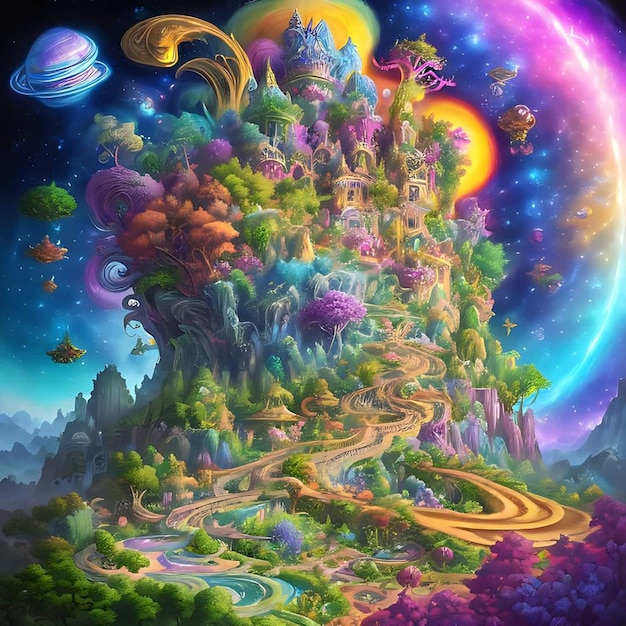 Een kleurrijke illustratie van een kasteel met een planeet op de achtergrond.