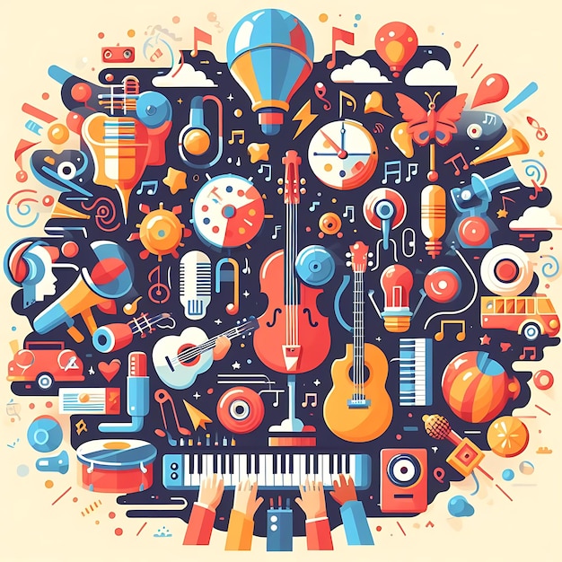 Een kleurrijke illustratie van een kleurrijke piano en een kleurige achtergrond met een kleurige vector